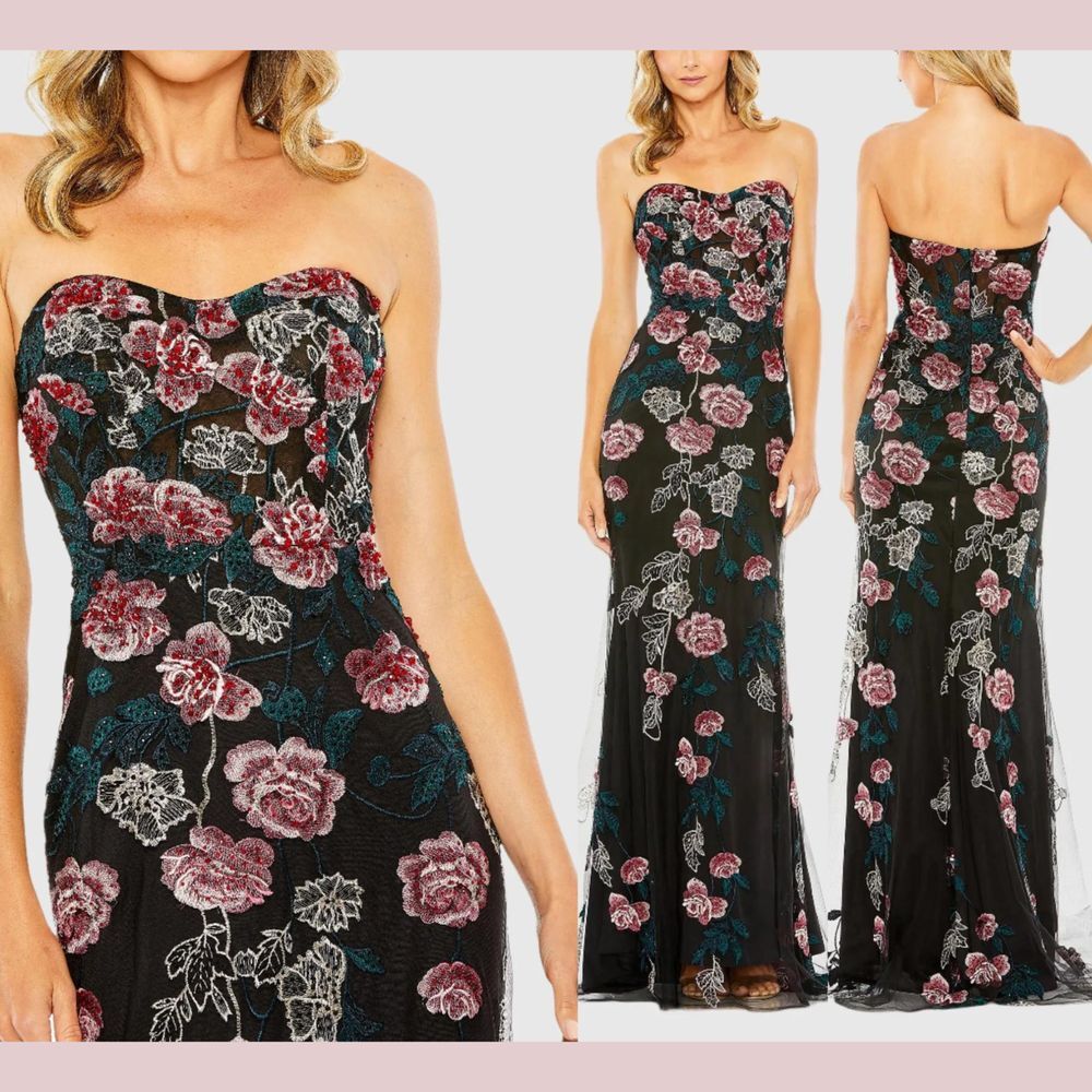 NEW $898 Mac Duggal [ 6 ] 20581 Strapless Floral Embroidered Gown Black Roses‎